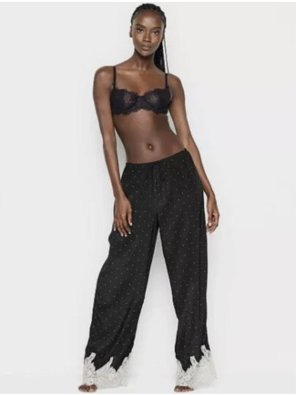 Victoria's Secret Black Polka Dot Pajama Pants Lace Trim Drawstring Small NWOT